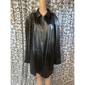 Vericci Women’s Long Midi Length Black Leather Jacket Button Up Collar SZ 1X